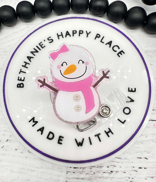 Snowman badge reel, pink snowman badge holder, snowgirl, acrylic badge topper, snowman gifts, Christmas, winter, ID holder