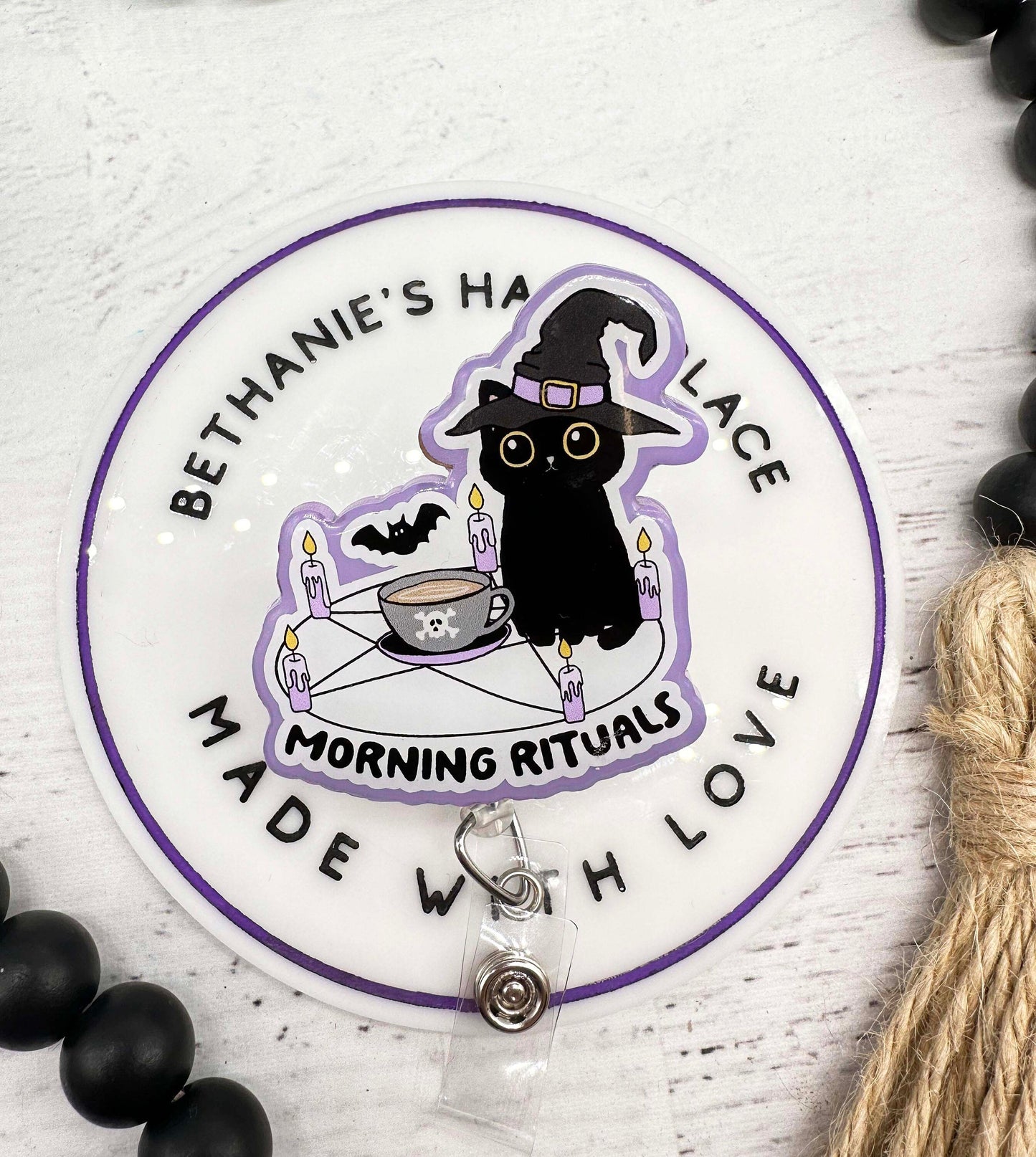 Black cat badge reel, morning ritual, cat coffee, Halloween badge reel, funny Halloween badge holder, badge clip nurse