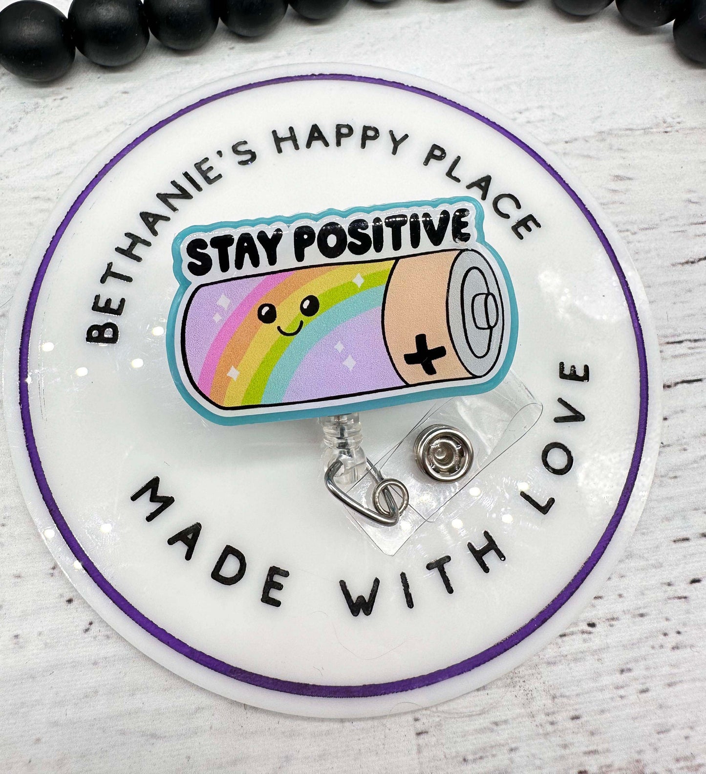 Stay positive badge reel, battery badge clip, stay positive badge holder, badge reel nurse, mental health badge reel, teacher lanyard