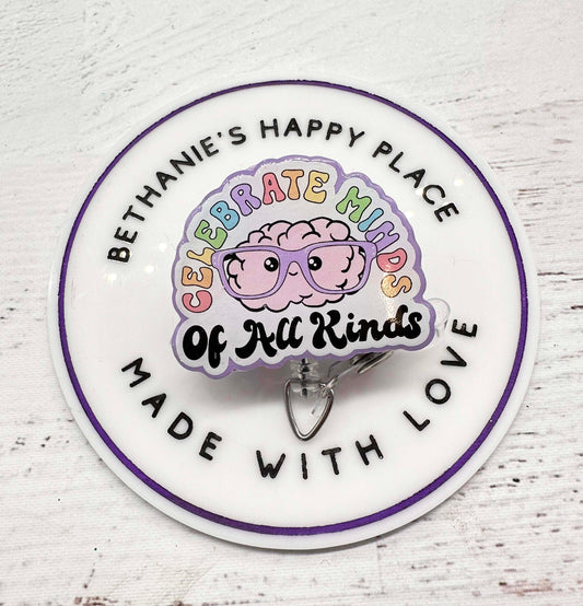 Celebrate minds of all kinds badge reel, autism badge reel, be kind, be kind badge reel, brain badge holder, retractable lanyard for nurse