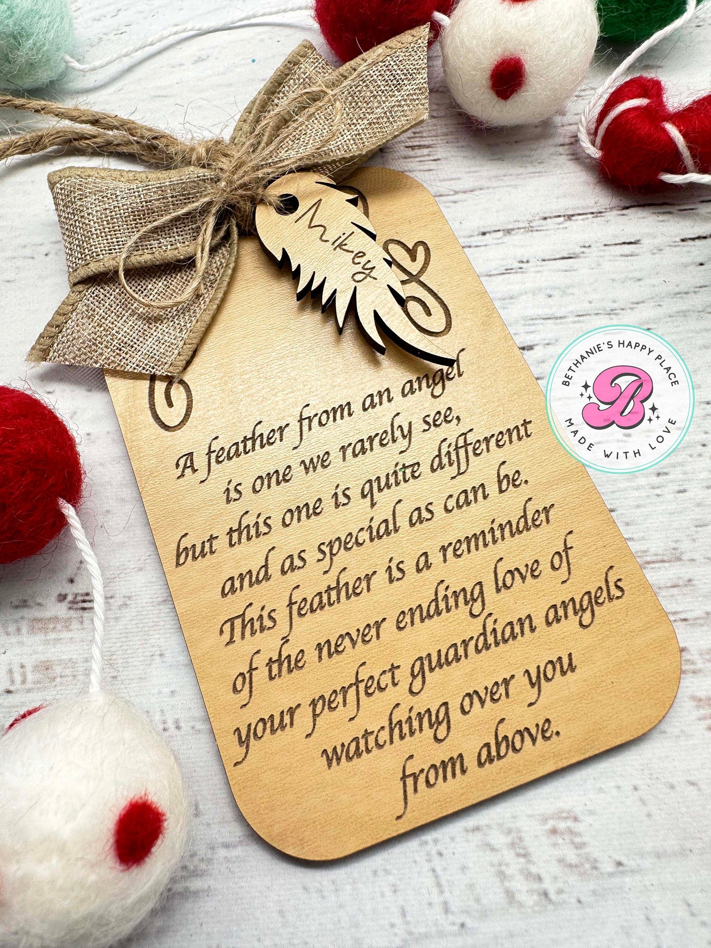 Angel feather Christmas ornament, memorial angel Christmas keepsake ornament, angel in heaven, personalized memorial ornament, gifts