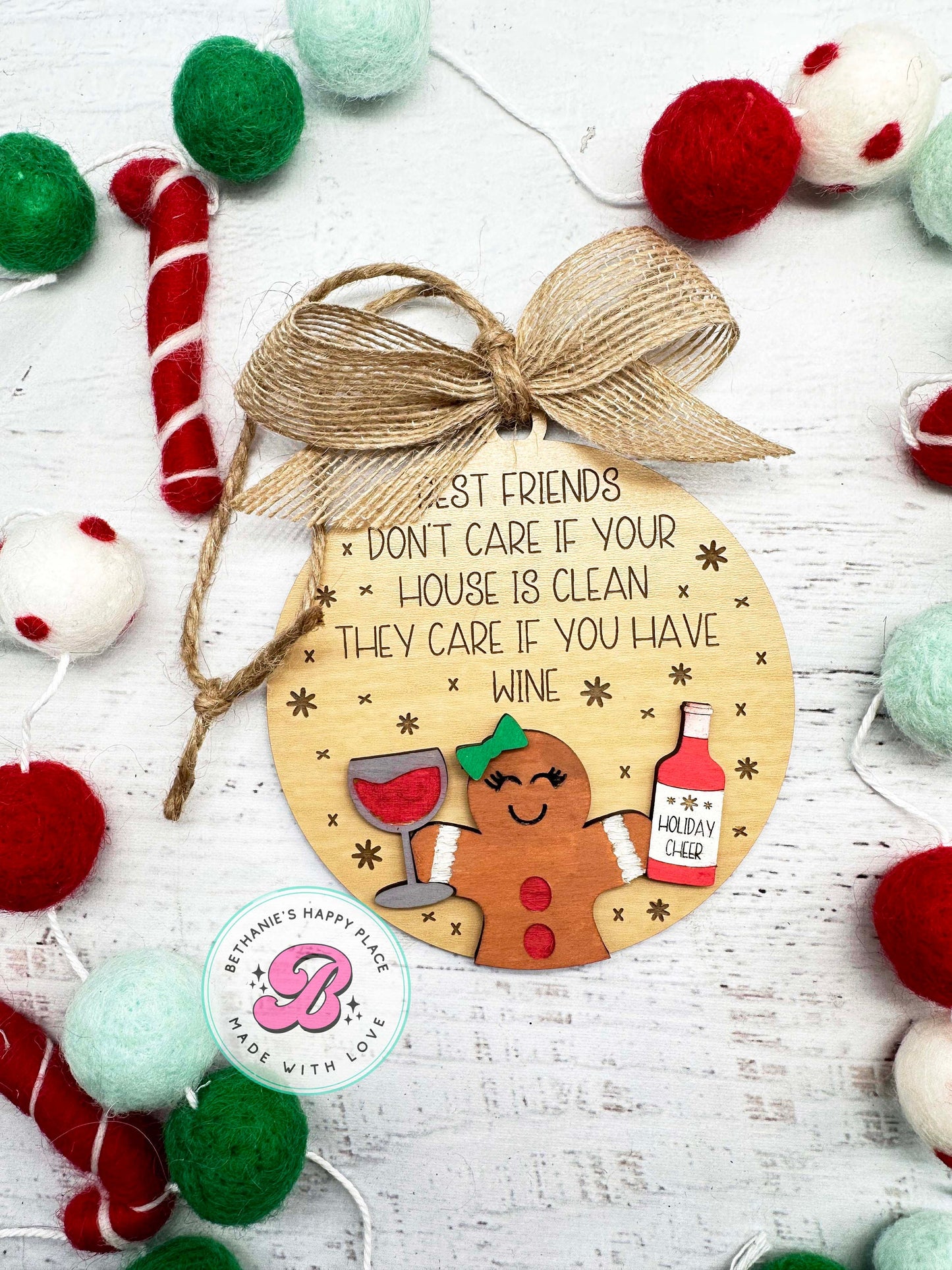 Best friend wine ornament, best friend Christmas gift, funny friend ornament, friend ornament, personalized gingerbread ornament