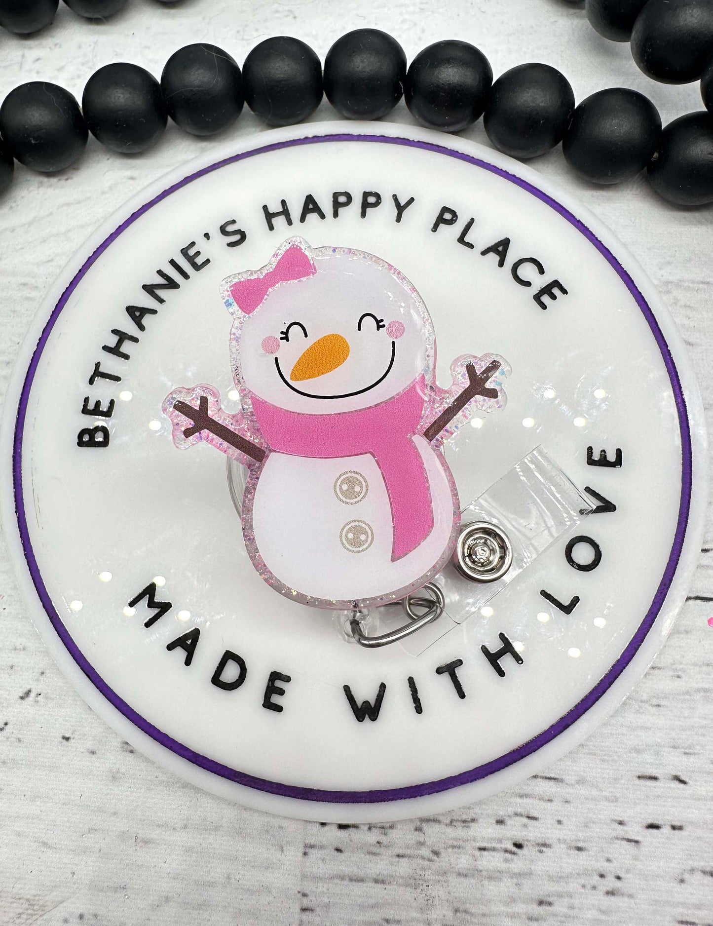 Snowman badge reel, pink snowman badge holder, snowgirl, acrylic badge topper, snowman gifts, Christmas, winter, ID holder