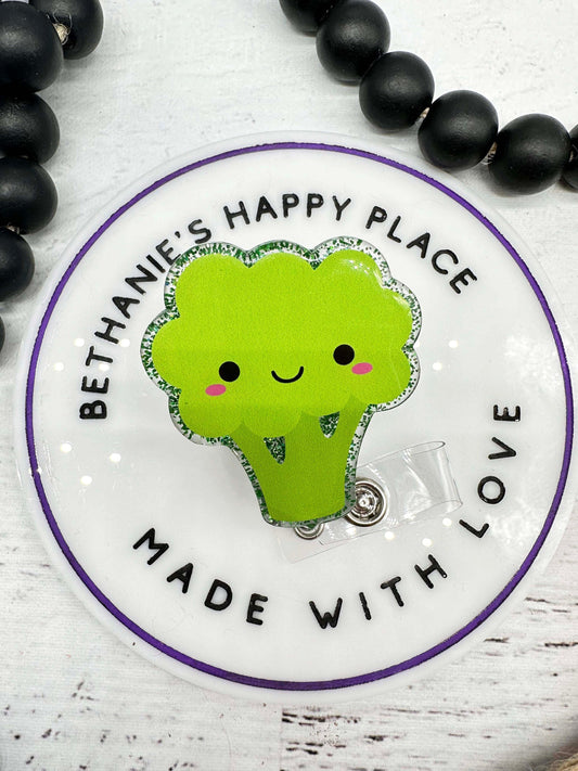 Broccoli badge reel, broccoli badge holder, vegetable badge reels, veggie gifts, nutritionist ID holder, acrylic badge topper