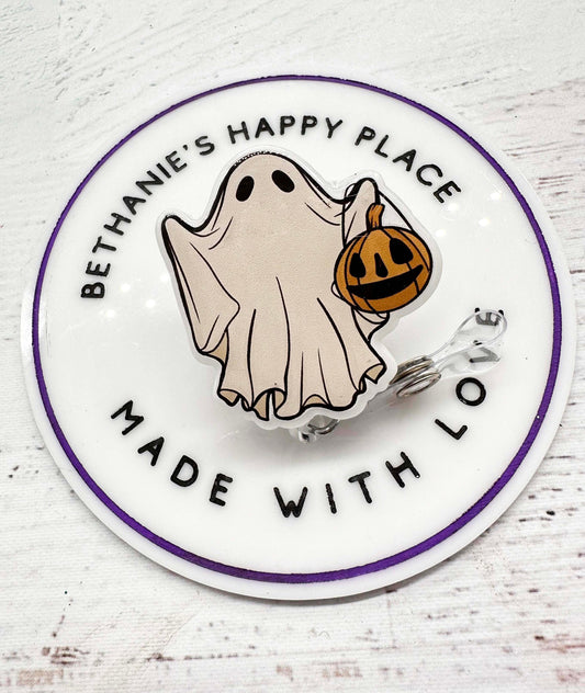 Ghost badge reel, vintage ghost badge holder, Halloween badge reel, ghost with pumpkin, ghost gifts, Halloween nurse badge holder