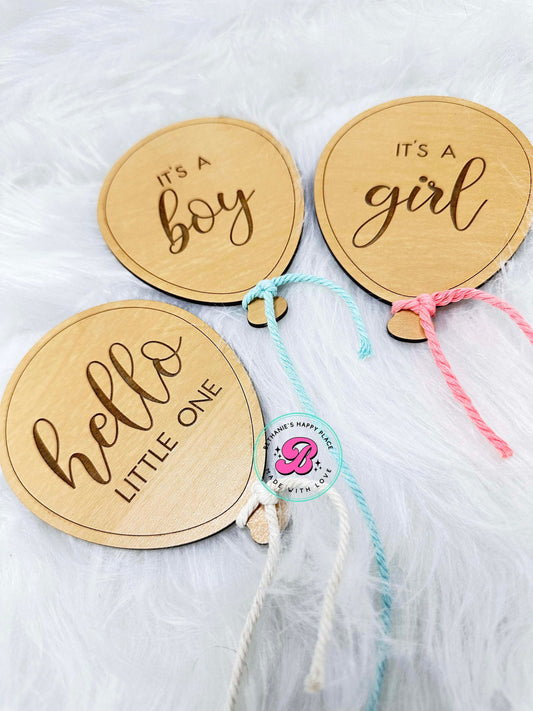 Hello little one balloon baby wood signs, milestone markers, it's a boy, it's a girl, newborn baby photo prop, hospital pictures, engraved