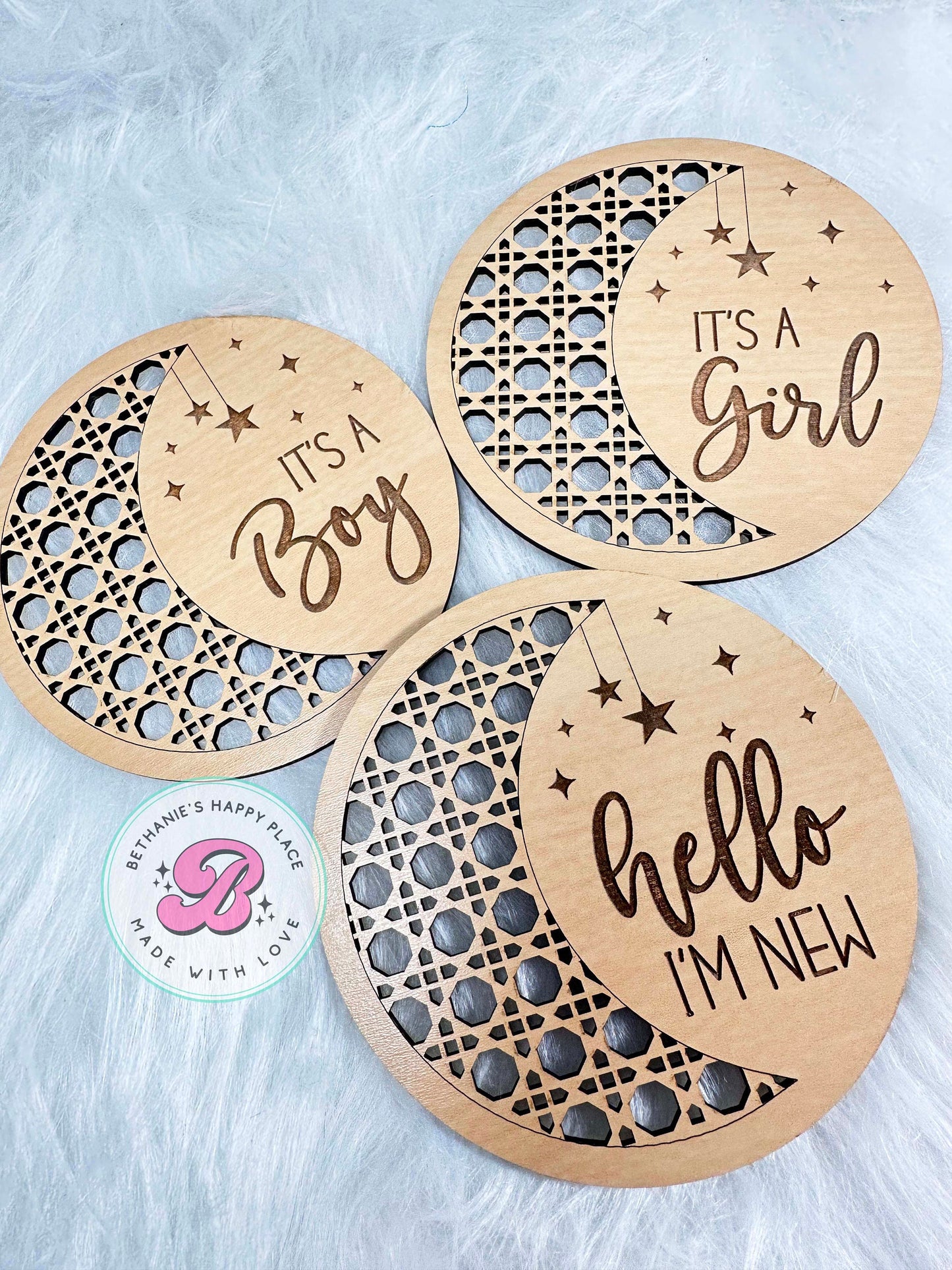 Newborn baby wood moon gender discs, newborn photo prop, newborn gifts, it's a boy, it's a girl, hello I'm new, baby shower gifts