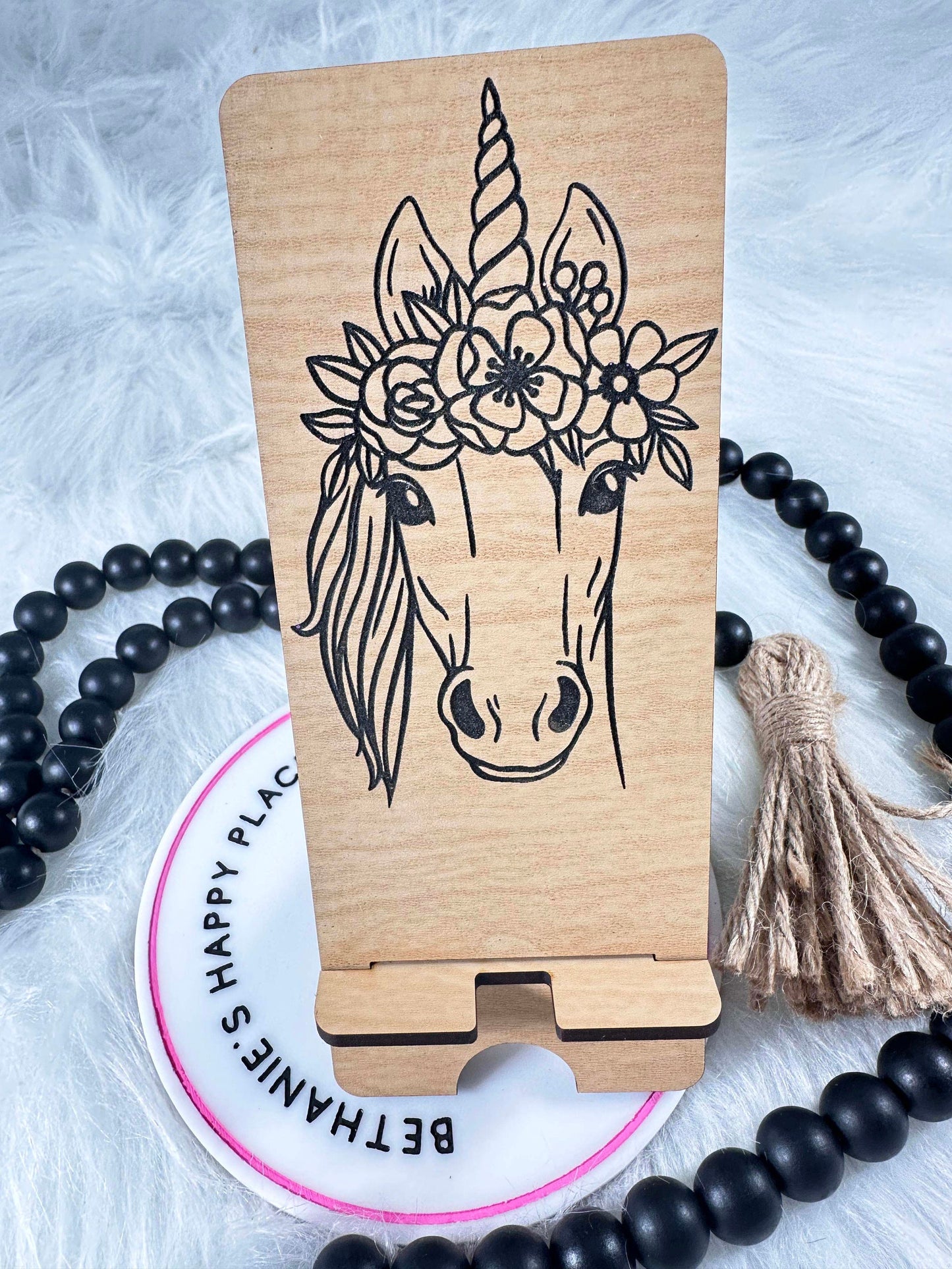 Horse phone stand, horse gifts for her, floral horse, laser engraved wood phone holder, personalized phone accessories, office, desk