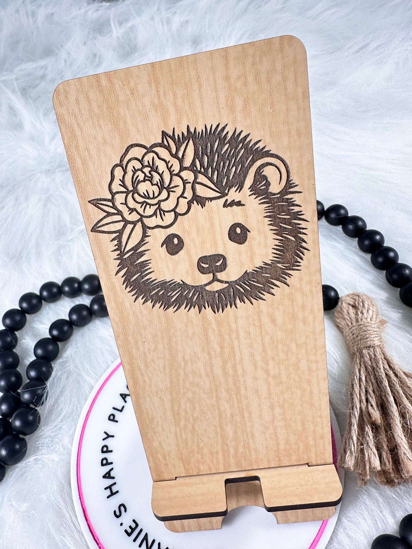 Hedgehog phone stand, hedgehog gifts, floral hedgehog, laser engraved wood phone holder, personalized phone accessories, office, desk