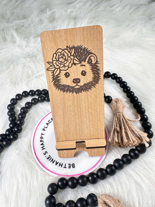 Hedgehog phone stand, hedgehog gifts, floral hedgehog, laser engraved wood phone holder, personalized phone accessories, office, desk