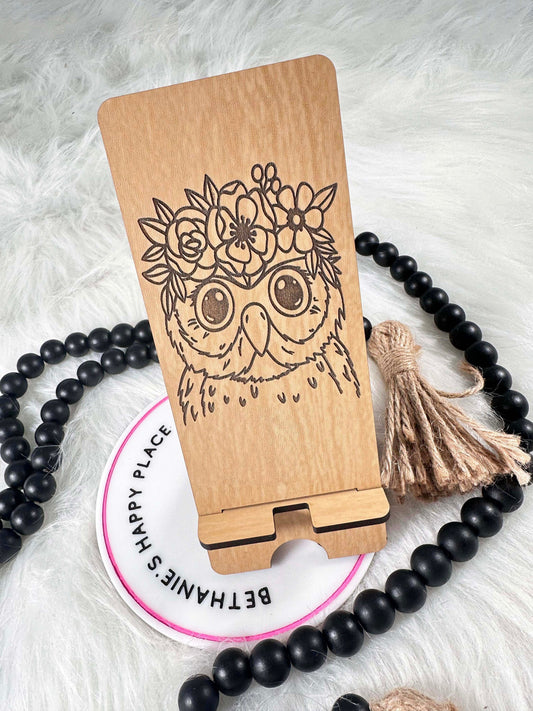 Owl phone stand, owl gifts, floral owl, laser engraved wood phone holder, personalized phone accessories, office, desk gifts