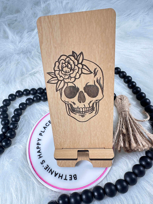 Skull engraved phone stand, floral skull, skull gifts for her, wood phone holder, personalized gifts, office, desk, engraved gifts