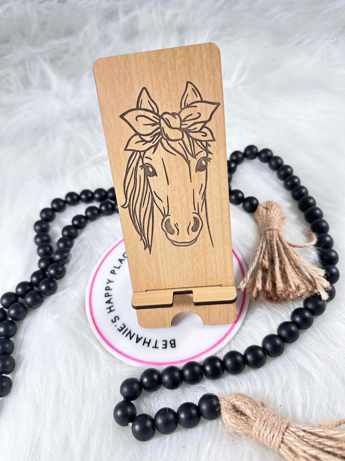 Horse phone stand, horse gifts for her, horse with bandana, laser engraved wood phone holder, personalized phone accessories, office, desk