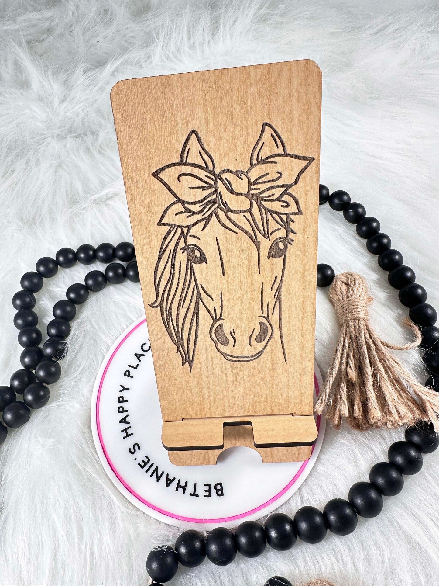 Horse phone stand, horse gifts for her, horse with bandana, laser engraved wood phone holder, personalized phone accessories, office, desk