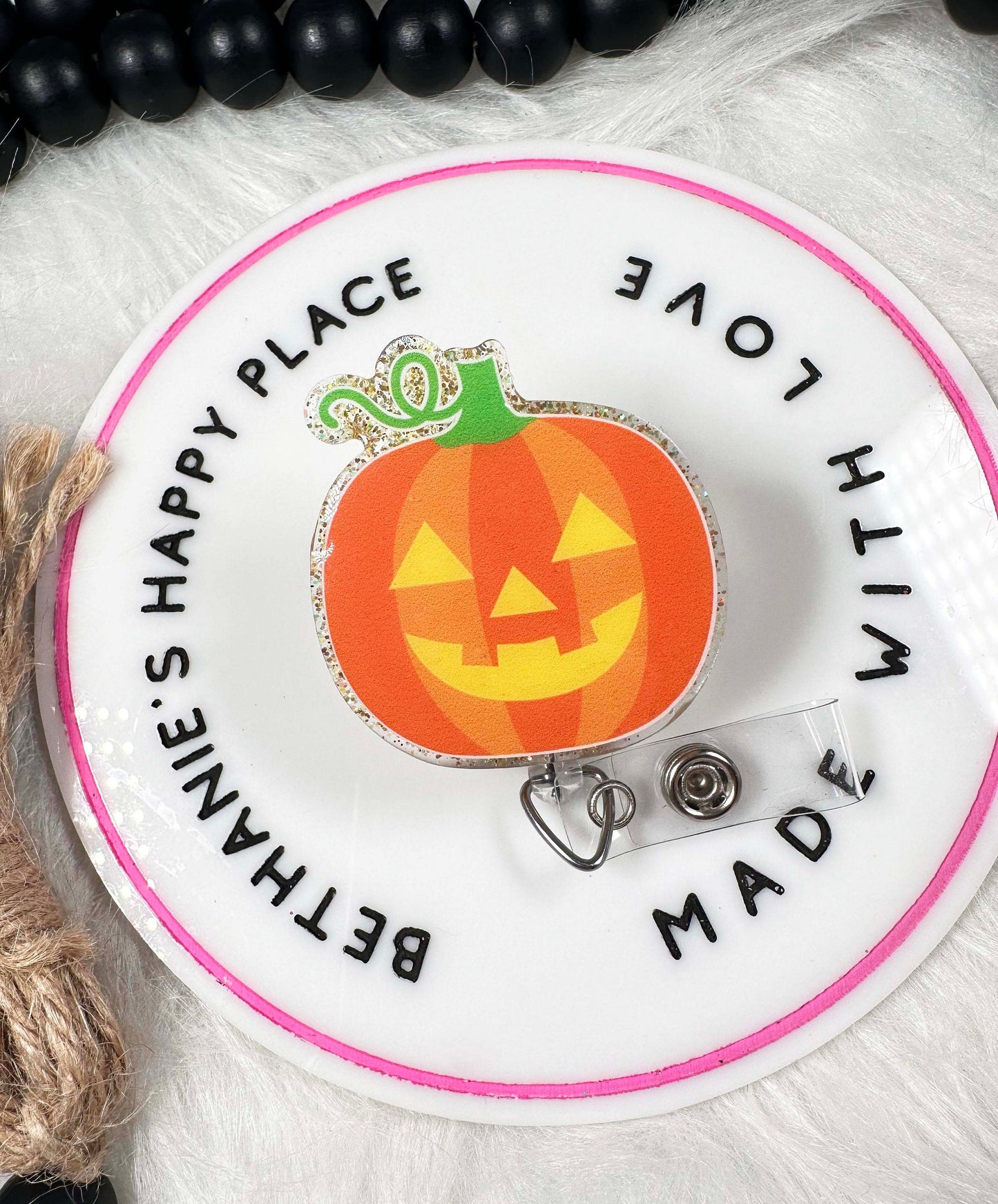 Jack o lantern retractable badge reel, pumpkin ID clip, lanyard, key card holder, Halloween acrylic topper, easy to clean, medical ID holder