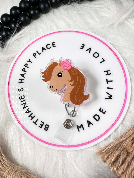 Horse retractable badge reel, pony lanyard, horse gifts, medical ID holder, nurse badge clip, key card, pediatrics, teacher, acrylic topper