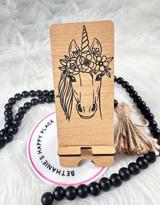 Horse phone stand, horse gifts for her, floral horse, laser engraved wood phone holder, personalized phone accessories, office, desk