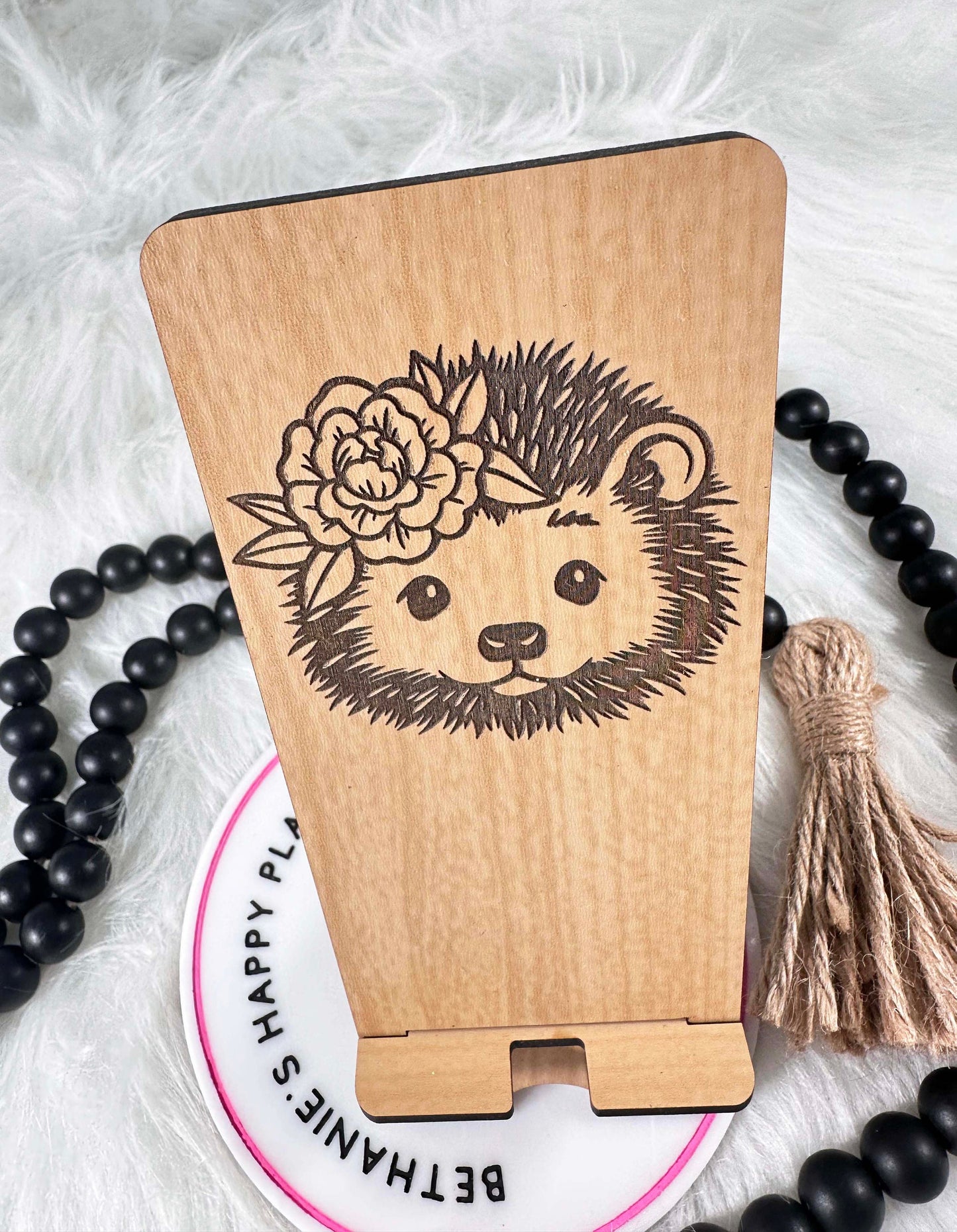 Hedgehog phone stand, hedgehog gifts, floral hedgehog, laser engraved wood phone holder, personalized phone accessories, office, desk