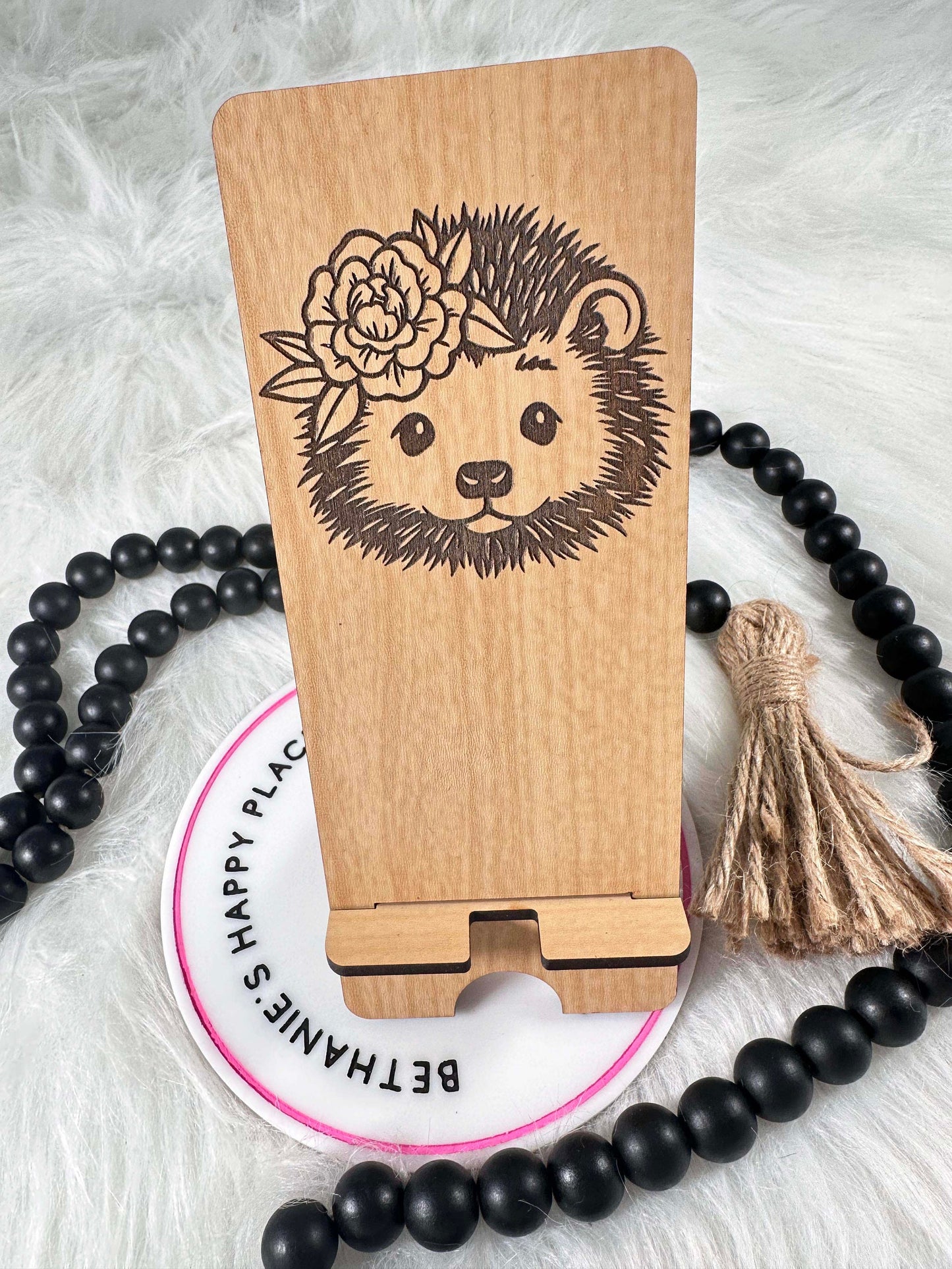 Hedgehog phone stand, hedgehog gifts, floral hedgehog, laser engraved wood phone holder, personalized phone accessories, office, desk