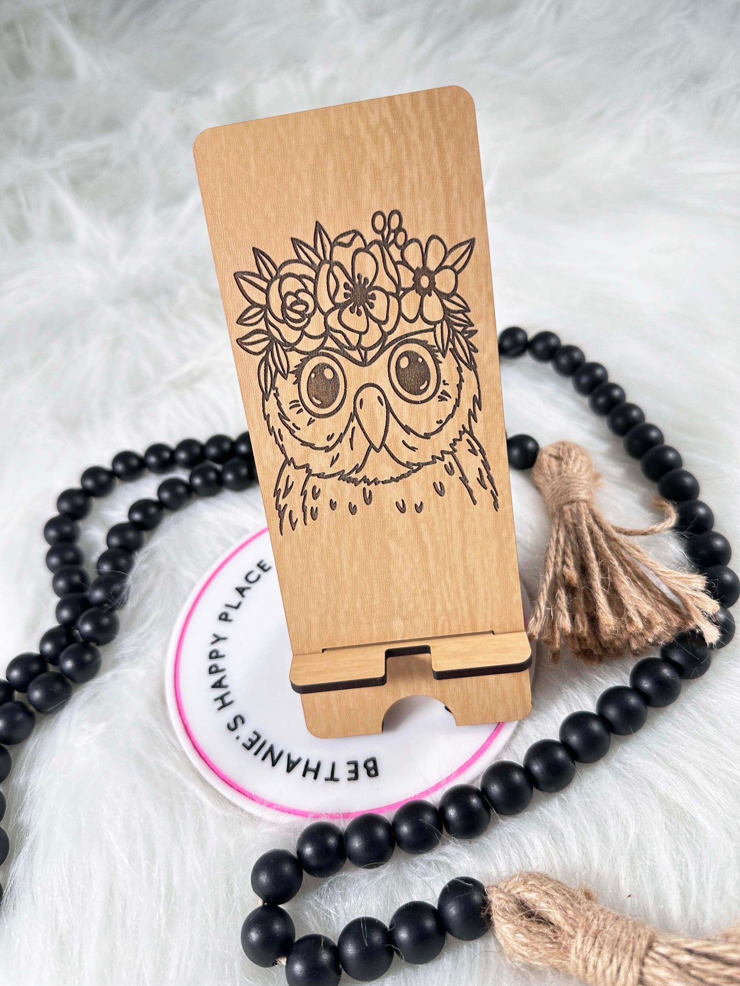 Owl phone stand, owl gifts, floral owl, laser engraved wood phone holder, personalized phone accessories, office, desk gifts