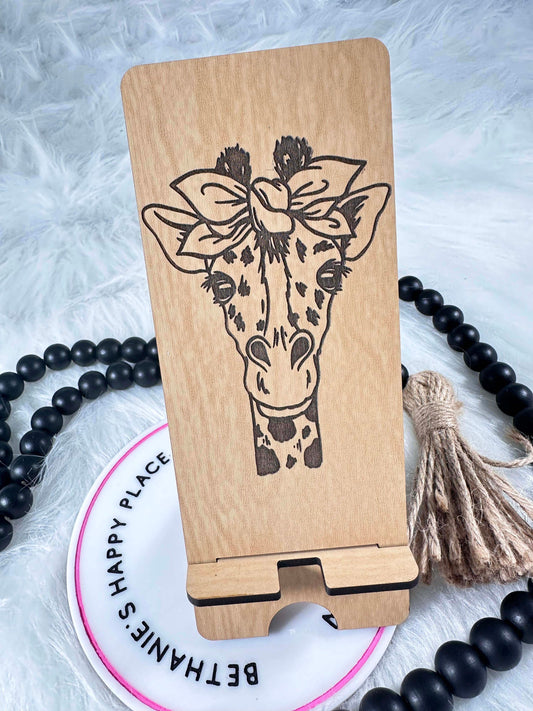 Giraffe engraved phone stand, giraffe gifts, wood phone holder, giraffe with bandana, phone accessories, personalized gifts