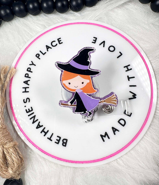 Witch badge reel, witch on broom, Halloween witch lanyard, ID clip, medical ID holder, nurse gifts, acrylic badge topper, easy to clean