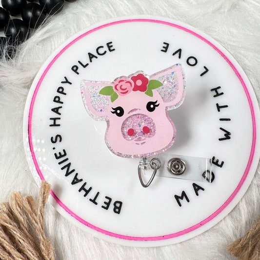 Floral pig retractable badge reel, pig gifts, medical ID holder, animal badge clip, key card holder, pediatrics, nurse gifts, acrylic topper