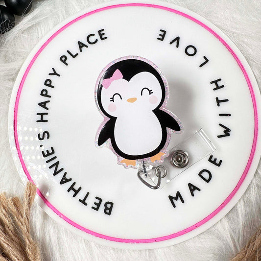 Penguin retractable badge reel, penguin gifts, glitter acrylic badge topper, winter ID holder, Christmas key holder, seasonal accessories