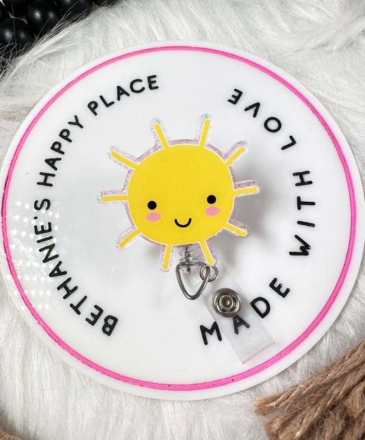 Sunshine retractable badge reel, sun acrylic topper, nurse ID holder, sunshine gifts, weather gift, teacher lanyard, easy to clean