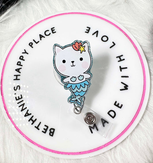 Mermaid cat retractable badge reel, mermaid gifts, cat gifts, medical ID holder, nurse, teacher, pediatrics, acrylic badge topper