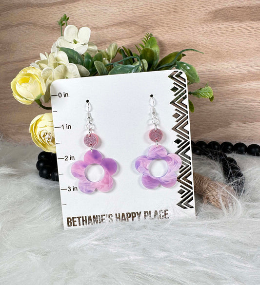 Acrylic flower dangle earrings, purple pink swirl floral earrings, fun gifts for her, fun earrings, women's, easy to clean, flower jewelry