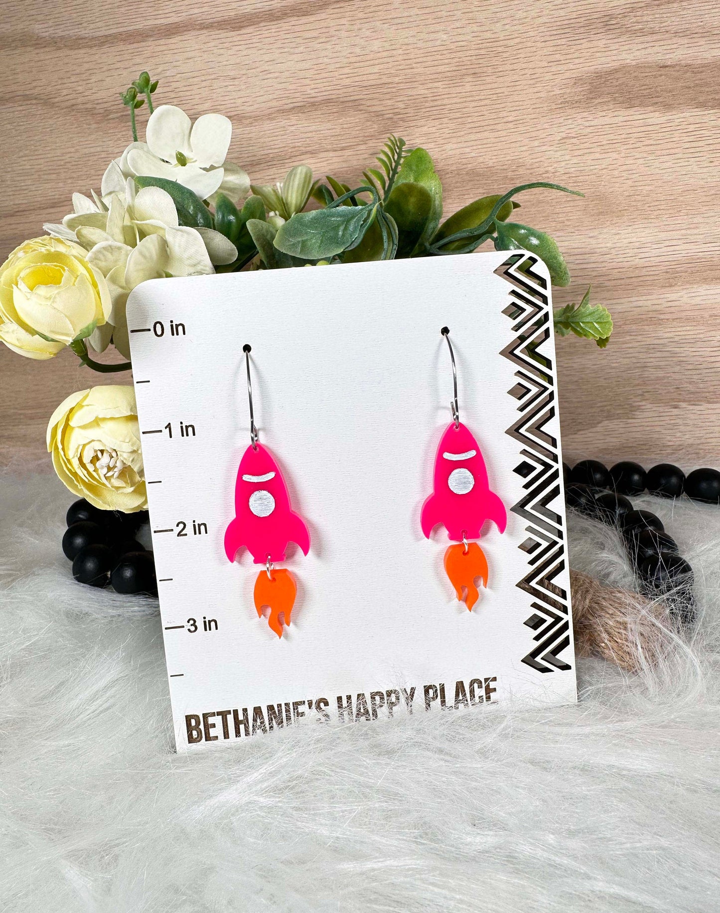 Neon rocket ship earrings, space earrings, cute acrylic dangle earrings, handmade jewelry, wire hook earrings, easy to clean, gifts for her