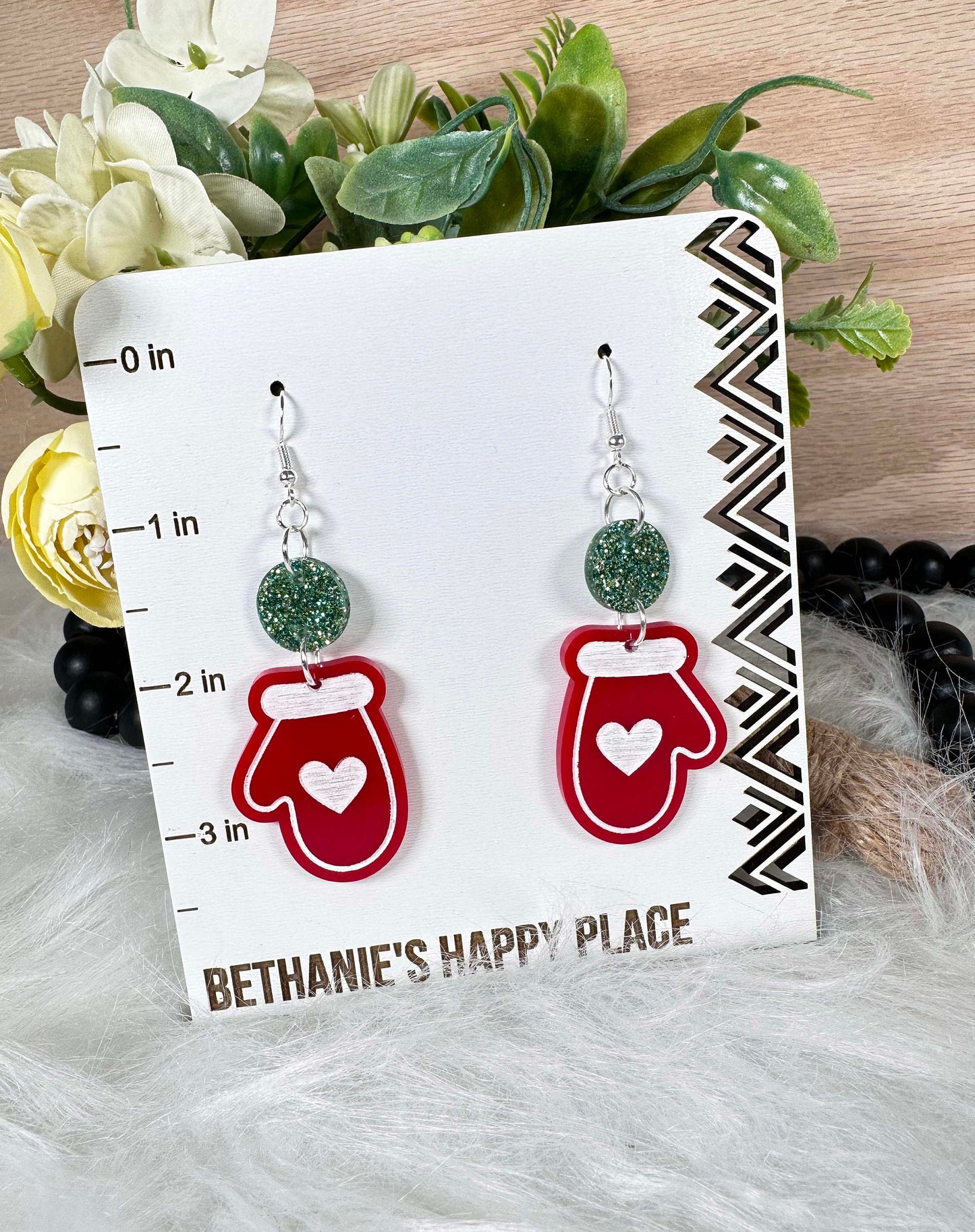 Christmas mitten acrylic dangle earrings, fun holiday earrings, red mittens, Christmas jewelry, wire hook, easy to clean, Christmas gifts