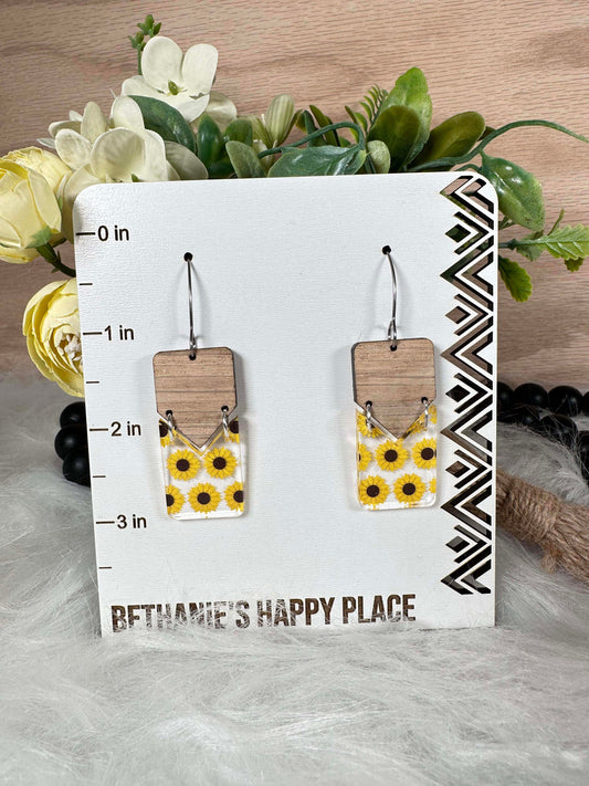 Sunflower dangle earrings, wood and acrylic, sunflower gifts, wood earrings, custom jewelry, fun gifts for her, fun earrings