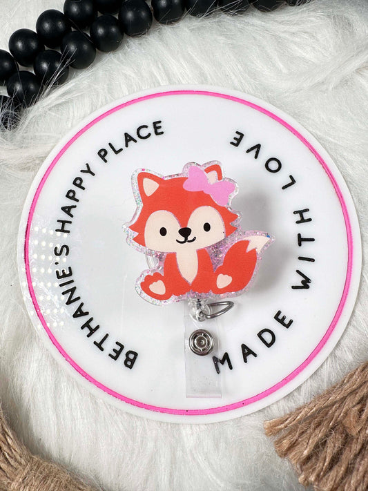 Fox with bow retractable badge reel, cute fox, fox gifts, medical ID holder nurse, teacher badge holder, key card holder, lanyard