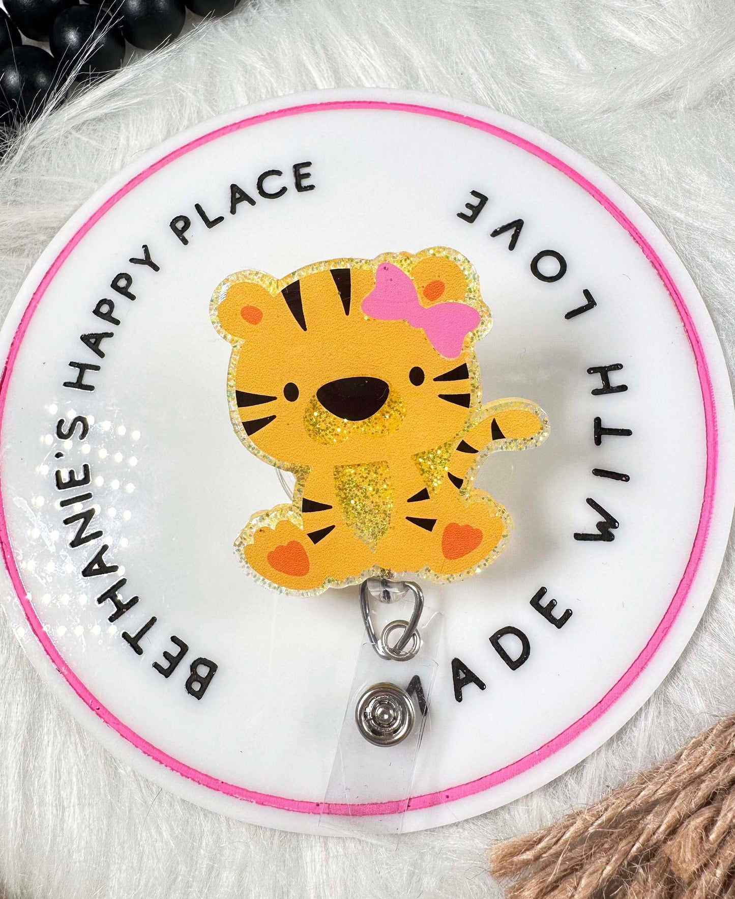 Baby tiger girl retractable badge reel, tiger gifts, tiger acrylic badge topper, nurse ID holder, key card holder, lanyard, teacher