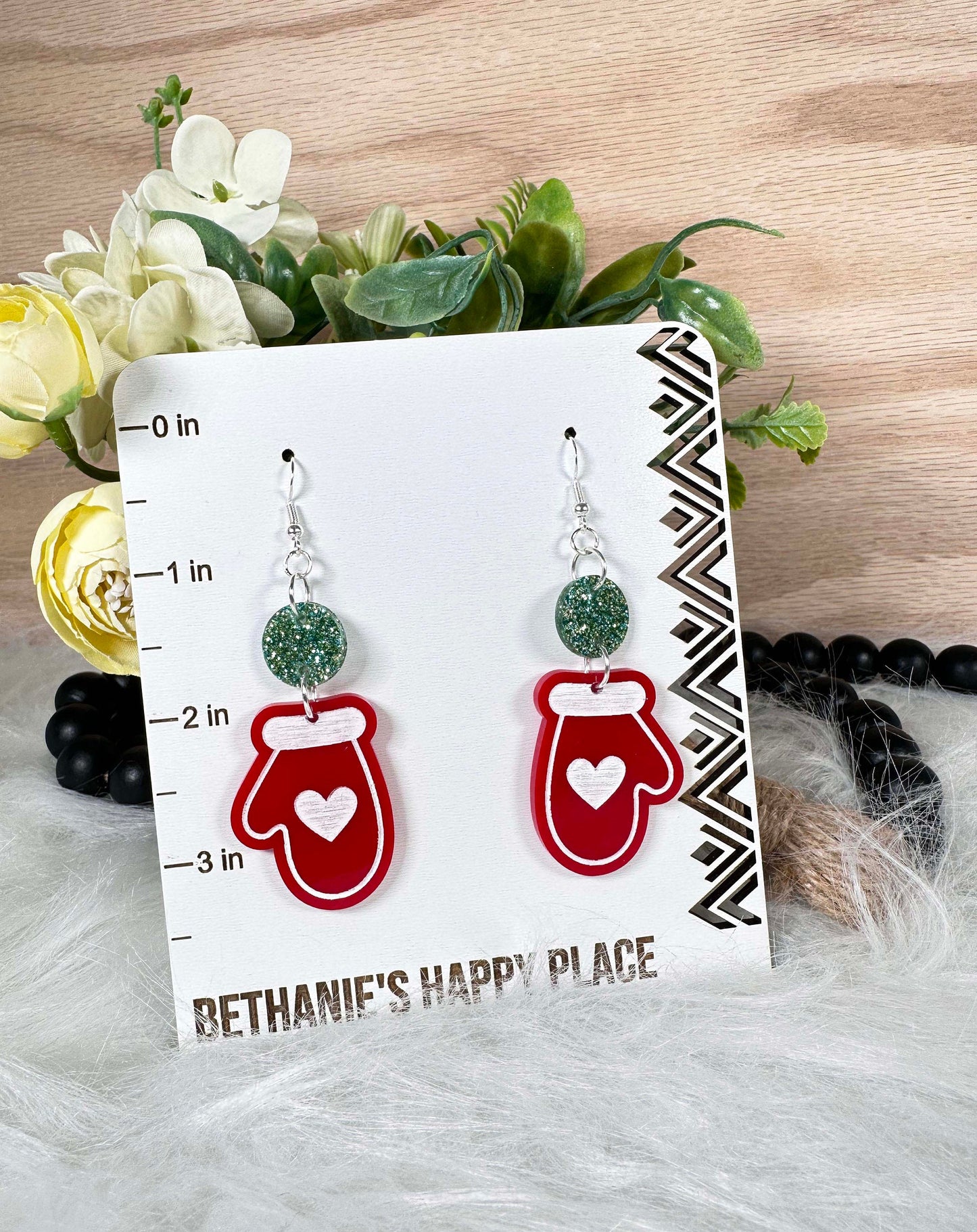 Christmas mitten acrylic dangle earrings, fun holiday earrings, red mittens, Christmas jewelry, wire hook, easy to clean, Christmas gifts