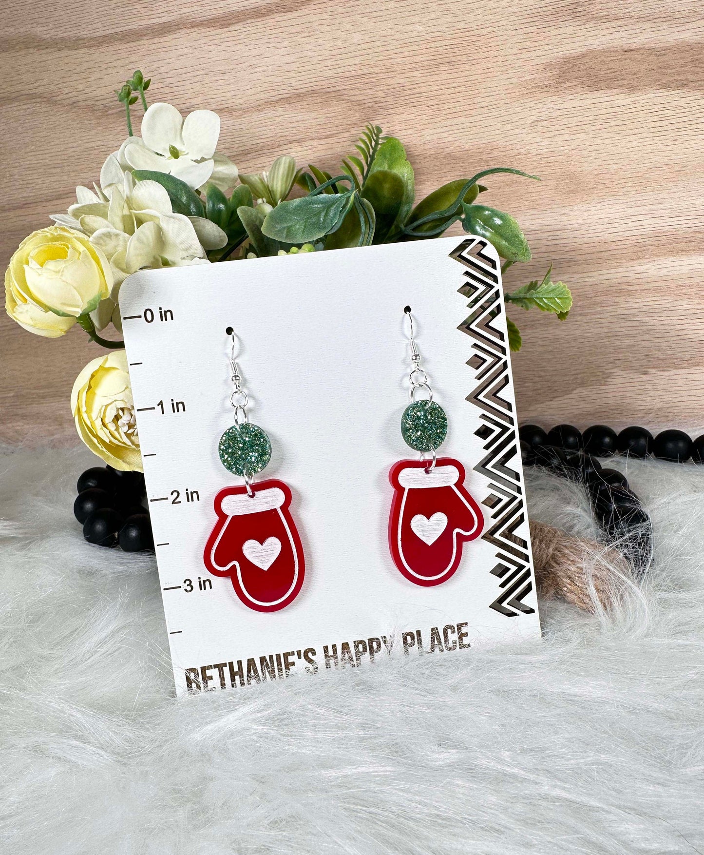 Christmas mitten acrylic dangle earrings, fun holiday earrings, red mittens, Christmas jewelry, wire hook, easy to clean, Christmas gifts