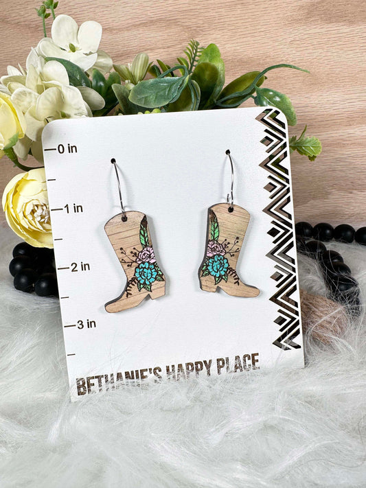 Western boot wood dangle earrings, fun jewelry, gifts for her, wood jewelry, cowboy earrings, steel wire hooks, hand painted earrings