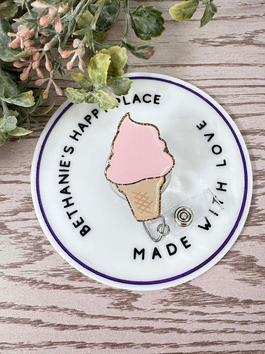 Ice cream cone badge reel, pink ice cream cone, nurse medical ID holder, acrylic badge topper, food key card holder, easy to clean, lanyard