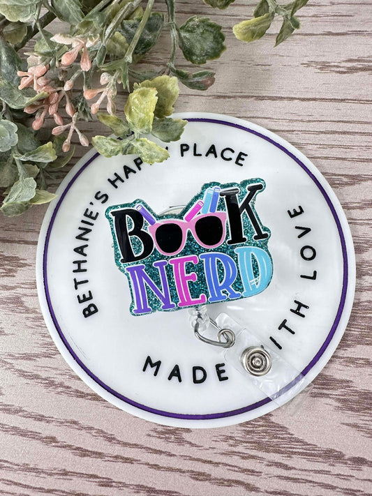 Book nerd badge reel, teacher badge clip, retractable ID holder, librarian, reading gifts, teacher gifts, acrylic badge topper, lanyard