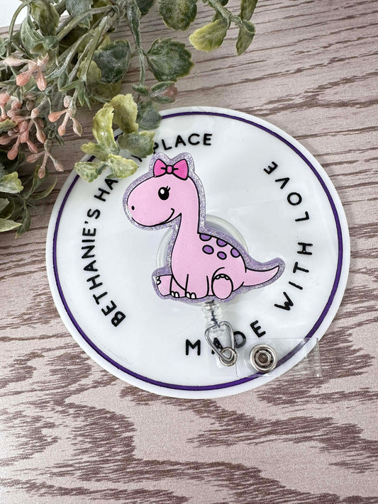 Pink dinosaur retractable badge reel, stegosaurus, pediatric medical ID holder, dino badge clip, lanyard, nurse badge holder, acrylic topper