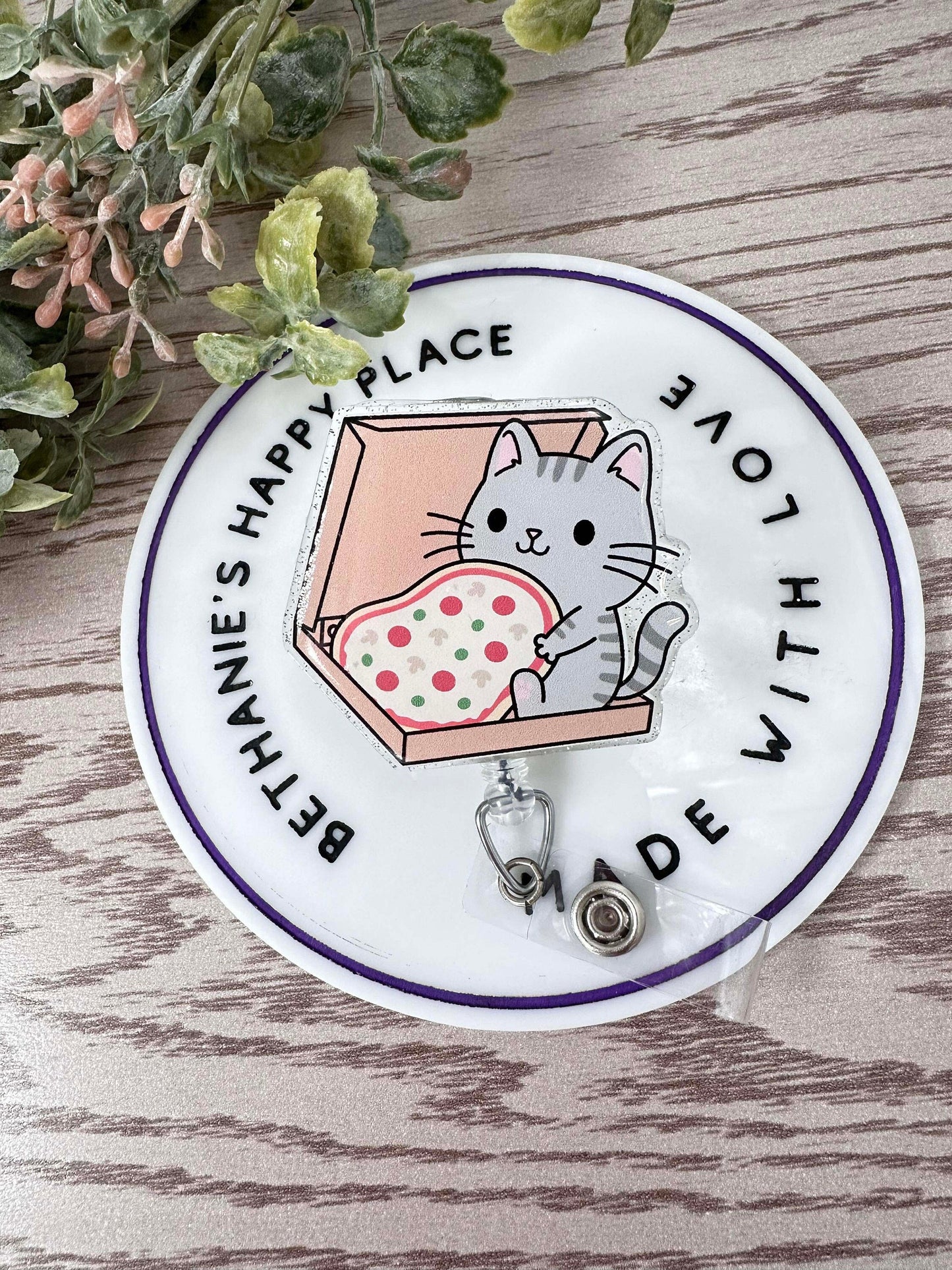 Cat pizza retractable badge reel, pizza gifts, cute nurse badge holder, medical ID holder, acrylic topper, key card holder, lanyard