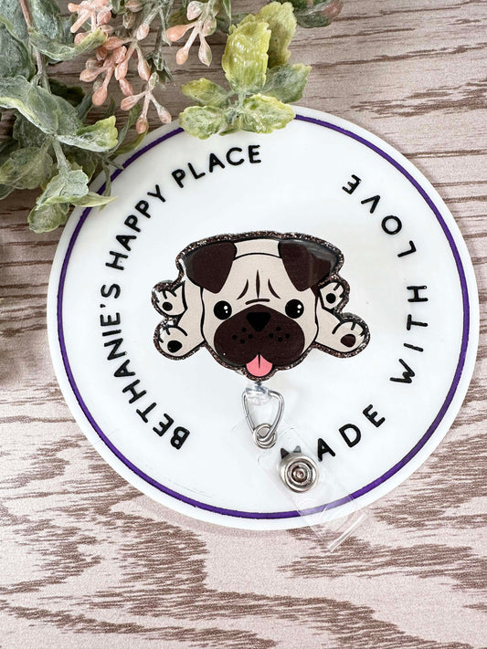 Lazy pug retractable badge reel, pug gifts, dog badge holder, veterinarian, acrylic badge topper, lanyard, medical ID holder, key card