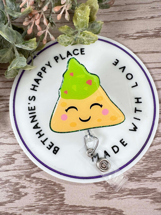 Tortilla chip retractable badge reel, guacamole badge holder, food acrylic badge topper, medical ID holder, nurse badge clip, teacher