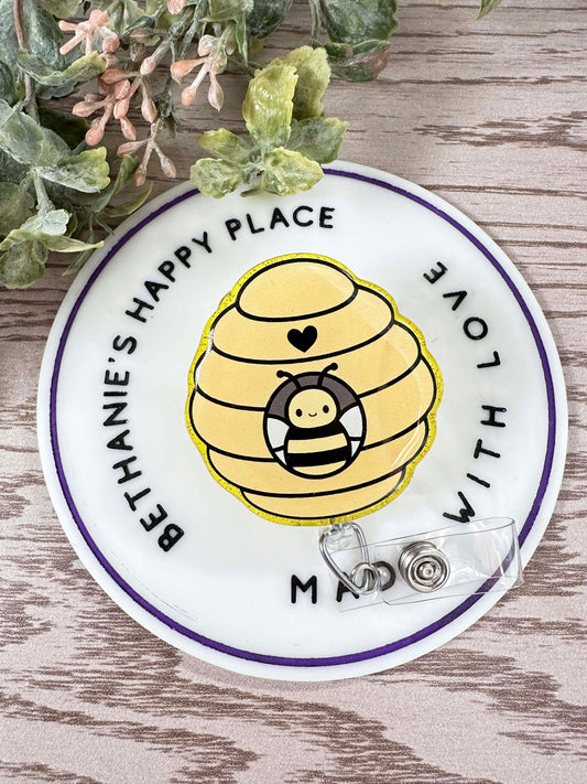 Bee hive retractable badge reel, bumblebee gifts, bee medical ID holder, teacher badge reel, key card holder, acrylic badge topper