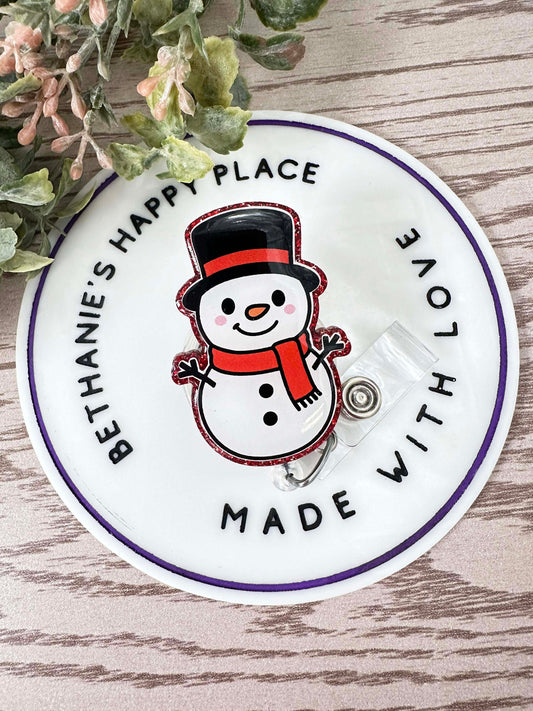 Cute snowman retractable badge reel, Christmas badge clip, medical ID holder, nurse lanyard, snowman gifts, winter acrylic badge topper