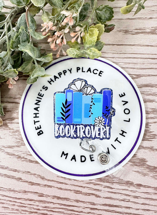 Booktrovert badge reel, book retractable badge holder, teacher gifts, key fob holder, book lanyard, acrylic badge topper, easy to clean