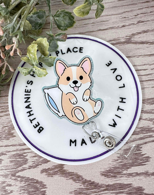 Corgi acrylic retractable badge reel, corgi gifts, lanyard, medical ID holder, cute badge reel, key card holder, pediatrics, nurse gifts