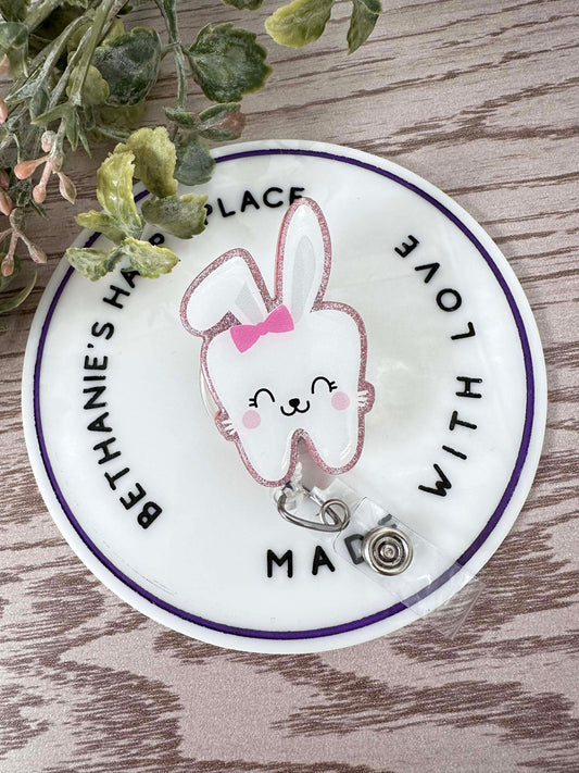 Easter tooth retractable badge reel, dental badge holder, Easter dentist gifts, bunny tooth, medical ID holder, bunny lanyard, acrylic